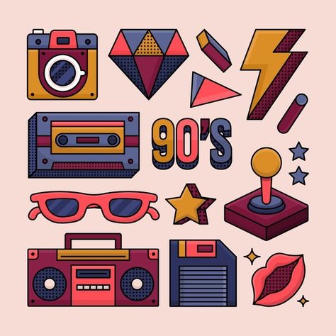 Flat nostalgic 90's elements collection ... | Premium Vector #Freepik #vector #colorful #elements #flat-design #design-elements 90s Design Graphic, Graphic Design 90s, 90s Drawings, 90s Elements, 90s Typography, 90s Graphic Design, Retro Elements, Graphic Design Style, Retro Tech