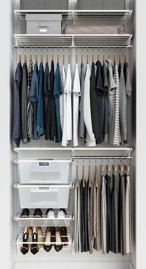 Elfa Small Closet Ideas, Elfa Reach In Closet, Wordroab Organizing Ideas, Elfa Closet Ideas Small Spaces, Small Closet Ikea, Elfa Closet Ideas, Reach In Closet Organization, Organization Basement, Small Clothes Closet Organization