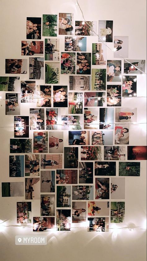 Photowall Ideas Bedroom Layout, Ways To Hang Up Pictures In Bedroom, Photo Wall Collage Bedroom Layout 4x6, Wall Collage In Room, Room Ideas Photos Wall, Simple Photo Wall Ideas, Bedroom Polaroid Wall, Photo Wall Collage With Lights, Printed Picture Wall Ideas