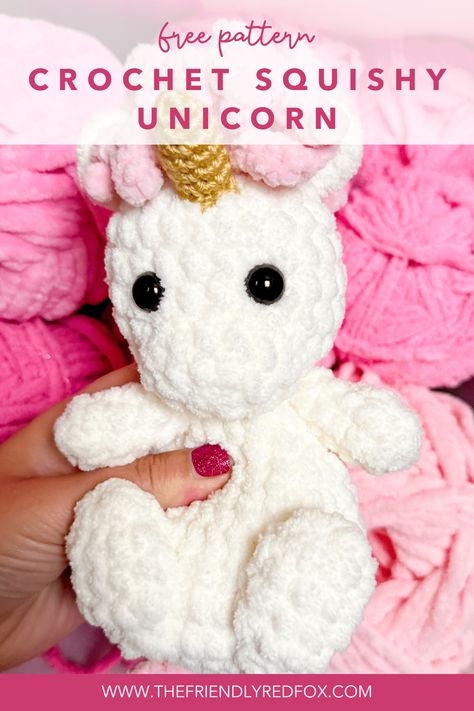 If you want a magical, lovable and squishable friend, this free unicorn crochet pattern is just what you need! This works up quickly with blanket yarn, so you can make many for markets or for gifts! Plush Unicorn Crochet Pattern, The Friendly Red Fox Crochet Patterns, How To Crochet A Unicorn, Easy Unicorn Crochet Pattern Free, Bernat Blanket Yarn Amigurumi Patterns, Small Unicorn Crochet Pattern Free, Easy Crochet Unicorn, Bulky Yarn Amigurumi Pattern Free, Mini Unicorn Crochet Pattern Free