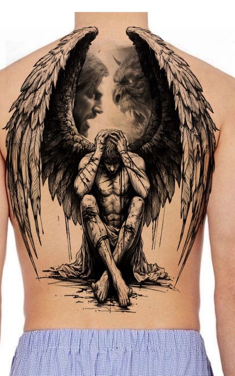 Angel Demon Tattoo Men, Evil Angel Tattoo, Guardian Angel Tattoo For Men, Angel Demon Tattoo, Angel Warrior Tattoo, Demon Tattoo, Jesus Tattoo, Paradise City, Angel Warrior