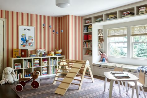 Tour One Family’s Expansive Connecticut Home That Was Originally a Two-Room Cabin | Architectural Digest Beadboard Walls Playroom, Modern Cottage Playroom, Playroom Design Colorful, Play And Study Room Ideas, Bold Playroom, Designer Playroom, Sophisticated Playroom, Kids Art Room, Cozy Playroom