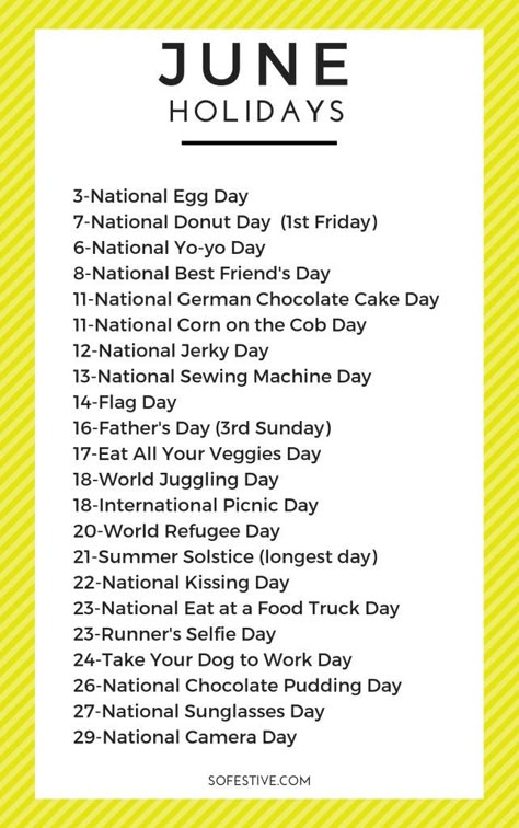 Fun and random June Holidays and how to celebrate them. What a great way to celebrate the little things! Random Holidays Calendar, National Kissing Day, June Holidays, List Of Holidays, National Holiday Calendar, Monthly Holidays, Food Calendar, Silly Holidays, Monthly Celebration