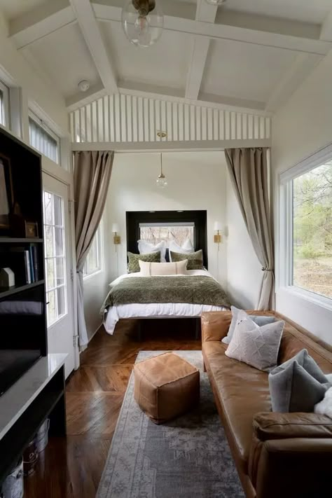 Dreamy Farmhouse Style Tiny House Includes Option for Downstairs Bedroom - Living in a shoebox Downstairs Bedroom, Tiny House Company, Tiny House Interior Design, Tiny House Trailer, Country Retreat, Sleeping Loft, Tiny Houses For Sale, Tiny House Interior, Tiny House Living