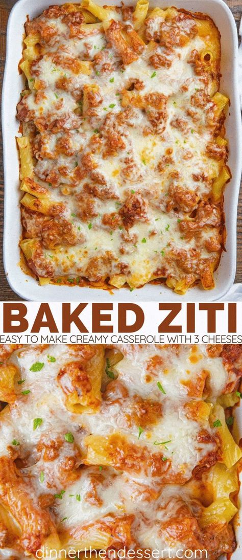 Italian Baked Ziti, Creamy Casserole, Italian Casserole, Homemade Meat Sauce, Easy Baked Ziti, Dinner Then Dessert, Ziti Recipes, Baked Ziti Recipe, Italian Dinner Recipes