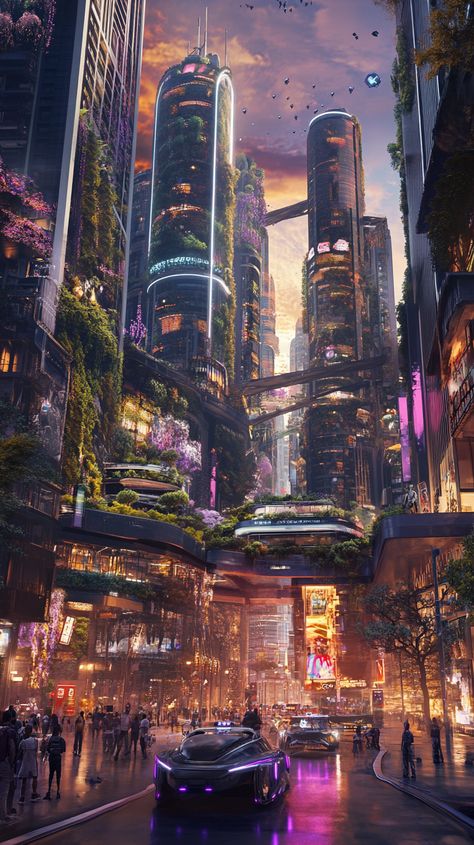 **Explore a Stunning Futuristic Cityscape with Vertical Gardens and Smart Living**   Imagine a breathtaking city where sleek, flowing buildings unite with lush vertical gardens and solar facades. Energy-efficient vehicles converge in vibrant pedestrian zones, alive with digital art and diverse individuals exploring their surroundings. Twilight casts a magical glow over this inclusive world.   #FuturisticCity #VerticalGardens #DiverseCommunity #midjourney Futuristic Apartment Exterior, Futuristic New York City, Sci Fi City Aesthetic, Fantasy Cyberpunk City, Scifi City Concept Art, Magitech City, Sci Fi World Building, Futuristic City Aesthetic, Solar Punk City