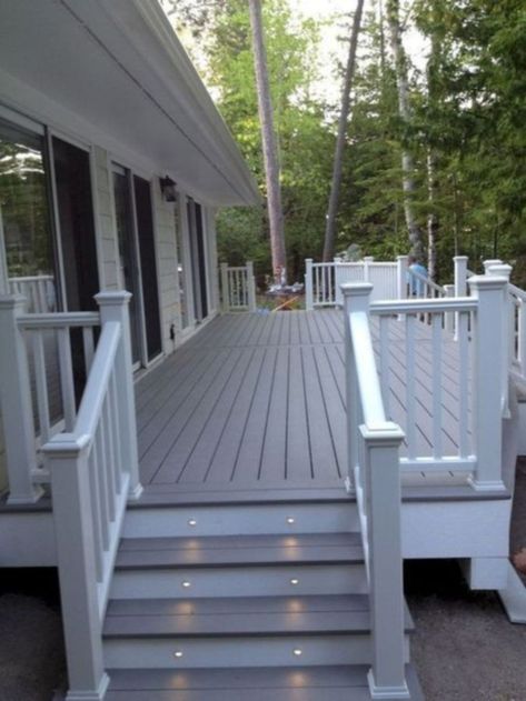 Composite Decking Front Porch, Backyard Patio Deck, Building A Porch, Patio Deck Designs, Deck Stairs, Deck Railing, Lan Can, Pergola With Roof, Decks Backyard