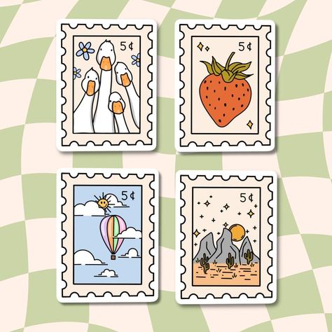 Waterproof Stamp Stickers  ⋒ S i z i n g ⋒ 1.5x2 inches  ⋒ S t y l e s ⋒ +Strawberry Stamp +Desert Stamp +Duck Stamp + Balloon Stamp +One of each (4 pack) *Save $2* ⋒ M a t e r i a l s ⋒ Glossy sticker paper, waterproof stickers are made with vinyl sticker paper and sealed with a clear vinyl.  ⋒ W a t e r p r o o f ⋒ Note* Stickers are hand wash only. NOT dishwasher friendly. For best results and Post Stamp Sticker, Strawberry Stamp, Flower Water Bottle, Duck Stamp, Stamp Stickers, Sticker Aesthetic, Flower Water, Stickers Laptop, Vinyl Sticker Paper