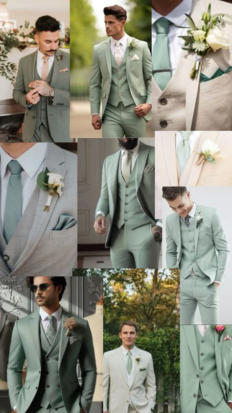 dream tuxedos Winter Fashion For Men, Green Wedding Suit, Groom And Groomsmen Suits, Wedding Color Pallet, Mens Wedding Attire, Green Wedding Colors, Dress Code Wedding, Dream Wedding Decorations, Sage Wedding