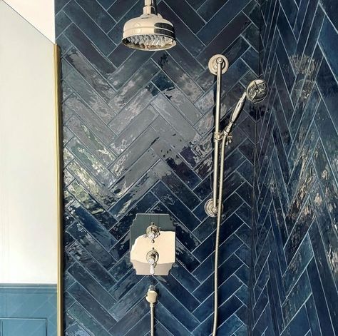 Zellica™ Ink Blue Tile | Topps Tiles Blue Tiled Bathroom, Blue Herringbone Tile, Bathroom 2023, Dark Blue Tile, Workers Cottage, Bronze Tiles, Wet Room Tiles, Spa Style Bathroom, Tiled Wall