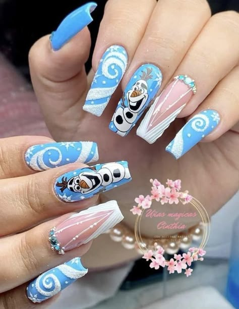 Frozen Nail Designs, Olaf Nails, Frozen Nail Art, Pink Sparkle Nails, Frozen Nails, Champagne Nails, Lily Nails, Disney Acrylic Nails, New Years Nail Designs