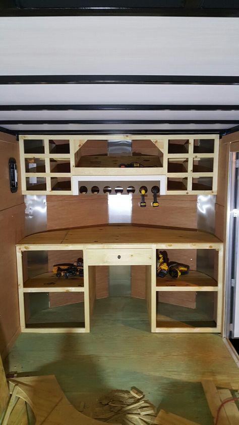 Diy Enclosed Trailer Storage, Work Trailer Shelving Ideas, Plumbing Trailer Organization, Trailer Workshop Ideas, Enclosed Work Trailer Ideas, Trailer Storage Ideas Construction, Enclosed Work Trailer Organization Ideas, Mobile Workshop Trailer, Carpenter Trailer Setup