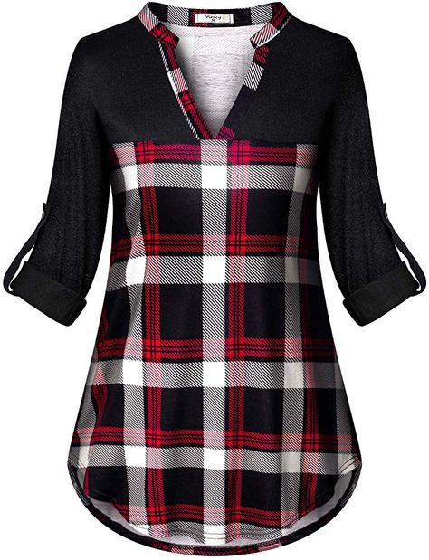 Viracy Womens 3/4 Roll Sleeve Shirt Notch V Neck Loose Pattern Tunic Top (Medium, A-Red Black) at Amazon Women’s Clothing store: Umgestaltete Shirts, Check Shirts, Style Guru, Plaid Tunic, Tunic Pattern, Polo Top, Uk Clothing, Frock Design, Latest African Fashion Dresses