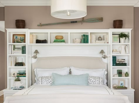 Creamy neutral walls enhance a beautiful storage headboard by complementing the decorative items and echoing the hue of the enclosed fabric headboard. Shown here: Pratt & Lambert Sea Hawk 33-26 Headboard With Shelves, Lots Of Books, Bookcase Headboard, Headboard Ideas, Bed Shelves, Coastal Bedrooms, Diy Headboard, Bedroom Remodel, Perfect Bedroom