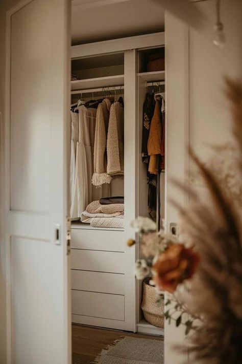 How To Maximize Reach-In Closet Space: Organizational Strategies Custom Closet Reach In, Bedroom With Small Closet, Reach In Closet Door Ideas, Built In Small Closet, Reach In Closet Organization Ideas, Dresser In Closet Ideas Small Spaces, Custom Reach In Closet, Room Into Closet, Reach In Closet Design