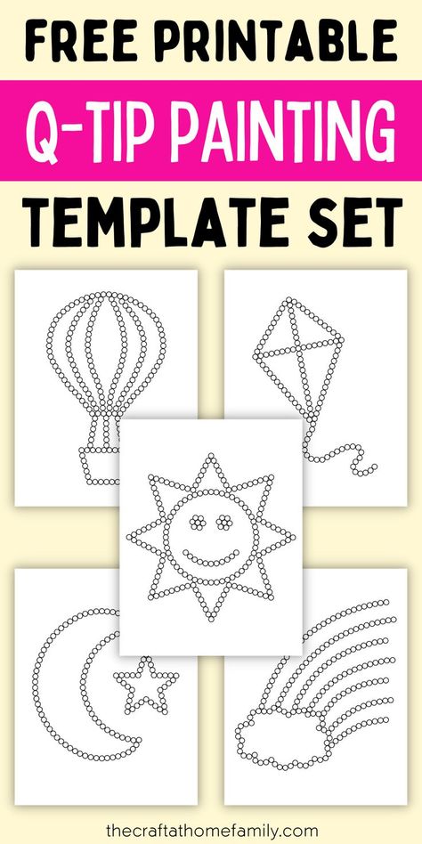 Does your child love painting? These printable Q-tip colouring templates are perfect for toddlers, preschoolers and kindergarteners who need to practice their fine motor skills—and they are also totally free to download! Instantly download and print out these free Q-tip dot painting printables to help your child have fun and practice their precision. Perfect for homeschooling, preschool or classrooms. Q-tip painting is such a fun activity for kids who like art and want to practice motor skills. Preschool Qtip Painting, Preschool Art Printable, Dot Painting Qtip, Q Tip Fine Motor Activities, Q Tip Name Painting Free, Free Print Outs For Preschoolers, Dot Painting For Preschoolers, Kindergarten Painting Activities, Q Tip Crafts For Preschool