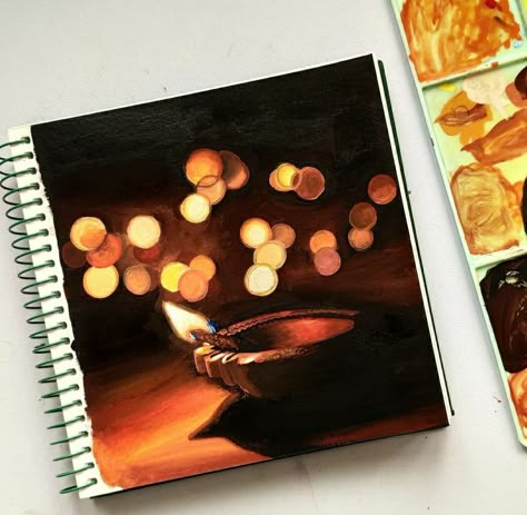 Diya Paintings On Canvas, Deepavali Paintings, Diwali Acrylic Painting, Sketch Book Paintings Acrylic, Diwali Painting Ideas Canvas, Diwali Watercolor Painting, Diwali Painting Canvas, Deepavali Drawing, Realistic Oil Pastel Drawings