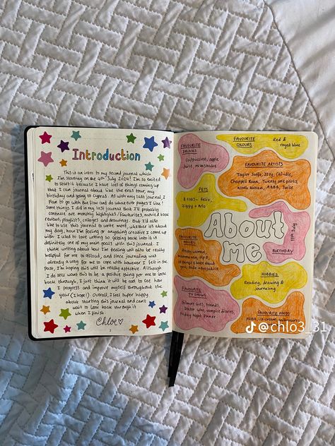 Diary Ideas Creative First Page, Thought Dump Journal, Fun Ways To Journal, 2024 Diary Ideas, Journal Ideas Starting Page, Opening Journal Page, Journal Cute Ideas, How To Decorate Notes, Things That I Love Journal