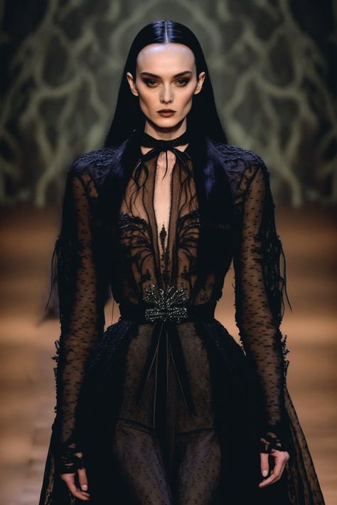 Gothic Fashion Vintage, Dark Wedding Aesthetic Wedding Dress, Halloween Fashion Show, Morticia Addams Fashion, Vampire Inspired Dress, Gothic Fashion Show, Haute Goth Fashion, Sophisticated Goth Fashion, Goth Runway Fashion