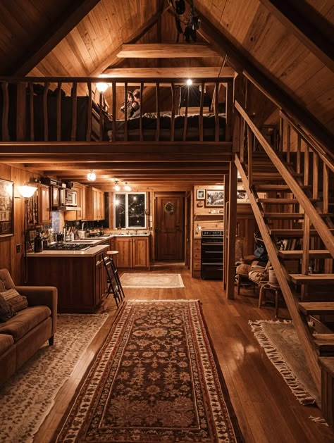 Cozy Cabin Loft 🪵🛋️ Small Cabin Loft Bedroom, Cabin Study Room, Large Cabin Interiors, Aesthetic Cabin House, Cabin Home Interior Design, Cabin Loft Floor Plan, Loft In Cabin, Aesthetic Cabin Interiors, Log Tiny House