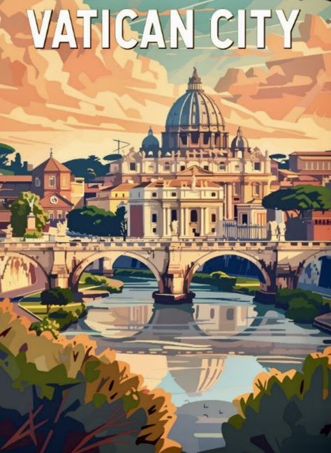 Country Posters For Room, Vintage City Posters, Vintage Travel Posters Europe, Vector Travel Poster, City Illustration Art, Europe Illustration, Vatican Art, Travel Posters Vintage, Italy Graphic