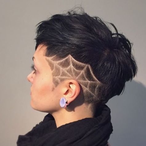 I love having time on my books to do students' hair, especially when it's something so creative and fun!! Turned @_skeleton.key pixie into a faux hawk with a symmetrical spider web on both sides 🕸 Hair Tattoo Designs, Undercut Hair Designs, Shaved Designs, Shaved Hair Designs, Hair Tattoo, Tattoo Women, Hairstyle Trends, Punk Hair, Hair Tattoos