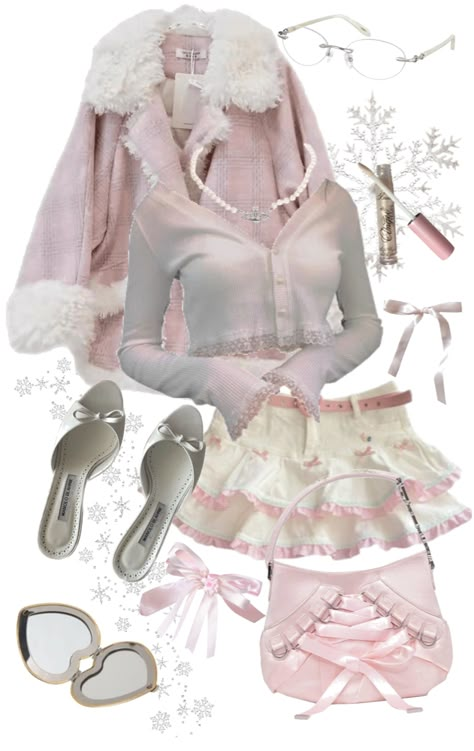 Coquette Outfits For Winter, Coquette Holiday Outfit, Coquette Outfit Ideas For School, Coquette Fits Aesthetic, Cute Winter Outfits Pink, Coquette Must Haves, Really Cute Outfits Winter, Cotteque Outfits, Cute Winter Christmas Outfits