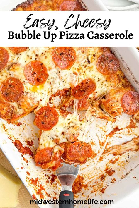 Bubble Up Pizza Casserole with biscuits is a delicious, easy casserole with a soft garlic parmesan biscuit base topped with rich tomato sauce, gooey cheese, and pepperoni. Fast, easy dinner recipe that takes just a few minutes of prep time and bakes in about 30 minutes.rnrn Bubble Up Recipes Breakfast, Canned Biscuit Pizza Recipes, Dinner With Biscuits Ideas, Pizza Casserole With Biscuits, Garlic Parmesan Biscuits, Biscuit Base Recipe, Casserole With Biscuits, Parmesan Biscuits, Grand Biscuit Recipes