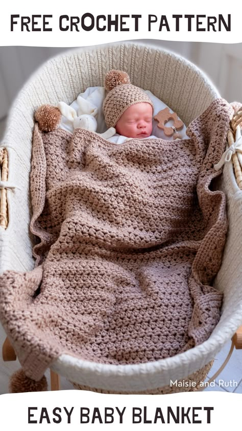 Crochet an Easy Baby Blanket (Free Pattern) - Maisie and Ruth Crochet Baby Blanket Pattern Free, Easy Crochet Baby Blanket Free Pattern, Crochet Baby Blanket Sizes, Baby Blanket Crochet Pattern Easy, Crochet Heart Blanket, Crochet Baby Projects, Crochet Baby Blanket Beginner, Free Baby Blanket Patterns, Crochet Baby Blanket Pattern