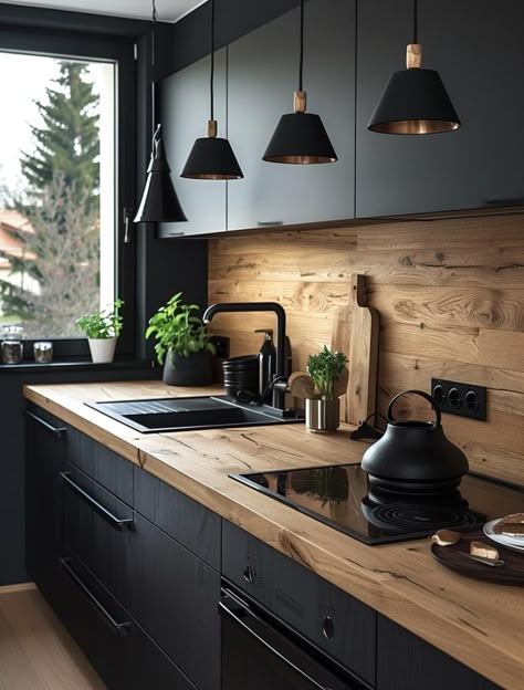 Wooden Counter Tops, Farmhouse Island, Cabinet Color Ideas, Kitchen Cabinet Color Ideas, Kitchen Cabinet Color, Modern Minimalist Bedroom, Black Farmhouse, Wooden Counter, Cabinet Color