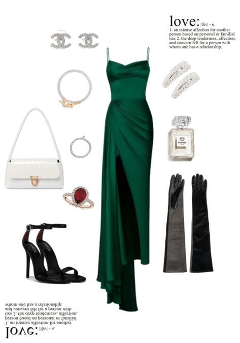 Long dress, green dress, jewelry, elegant, boujee, luxurious, channel Elegant Green Dresses, Green Dress Outfit, Dress With Gloves, Green Formal Dresses, Long Green Dress, Vinnie Hacker, Prom Dress Inspiration, Dress Gloves, Green Prom Dress