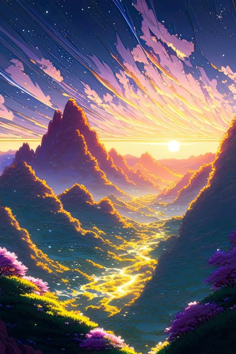 Simplicity in Artistic Expression: Painting Ideas Sunrise Fantasy Art, Digital Art Fantasy Magic, Fantasy Setting Art, Sunrise Digital Art, Rising Sun Wallpaper Aesthetic, Magical Landscape Painting, Sun Pictures Art, Fantasy Background Art, Fantasy World Drawing