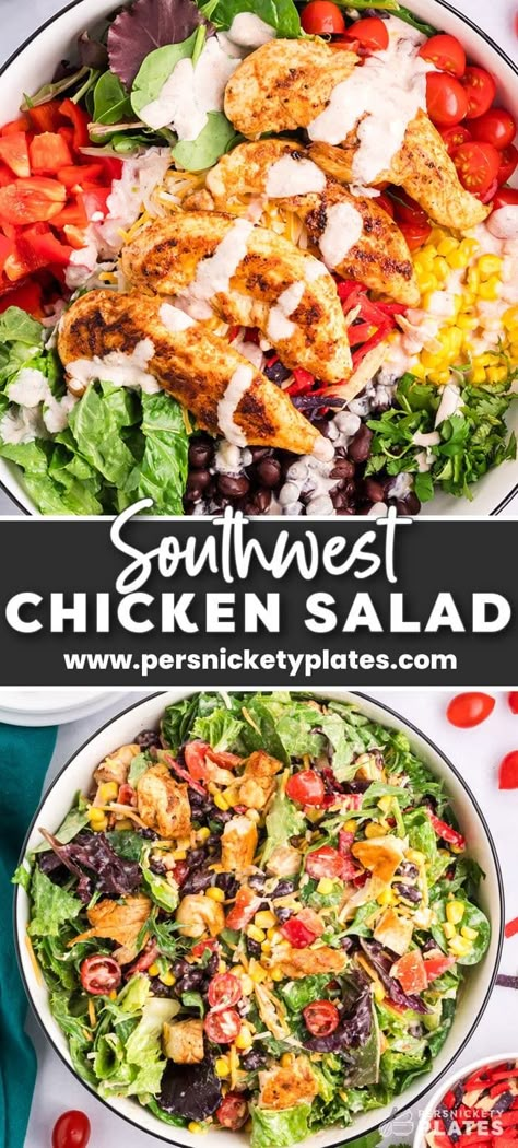 This fresh Chick-fil-A salad is a perfect copycat! Southwest chicken salad starts with spicy grilled chicken, mixed with fresh veggies, topped with a spicy-sweet salad dressing, and finished with crunchy tortilla strips. This colorful salad is loaded with southwest flavors and plenty of texture! | www.persnicketyplates.com Spicy Chicken Salad Recipe, Loaded Chicken Salad, Egg Quinoa, Creamy Salsa Dressing, Dinner Salad Ideas, Sweet Salad Dressings, Southwest Salad Recipe, Persnickety Plates, Salsa Dressing