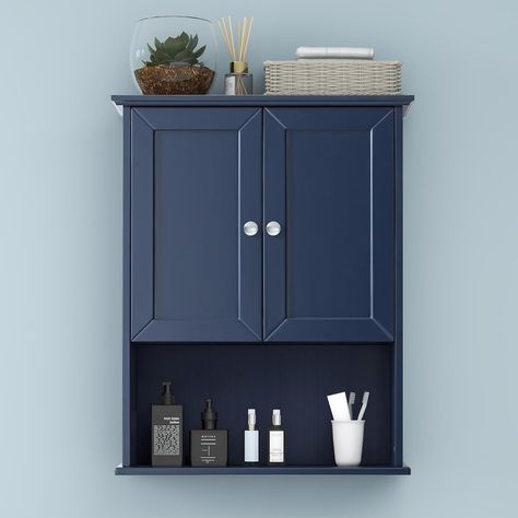 Amazon.com: VANIRROR Bathroom Wall Cabinet Blue Over Toilet Storage Cabinets 24x30 in Above Toilet Wood Medicine Cabinets for Bathroom Wall Mounted Bathroom Cabinet with 2 Door & Adjustable Shelf, Metal Handle : Home & Kitchen Above Toilet Cabinet Ideas, Over Toilet Cabinet Ideas, Small Navy Blue Bathroom, Grogu Bathroom, Blue Bathroom Cabinet Ideas, Behind Toilet Cabinet, Cabinets Above Toilet, Bathroom Cabinet Decor, Above Toilet Cabinet