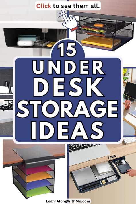 Can't find anything in your cluttered home office? These under desk storage ideas should help.  There are some clever organizers to help tidy up your work space by utilizing some of the space under your desk.  There are hanging compartments for paperwork, sliding drawers for stationary, rolling cabinets, and more.  Click to check out these under desk storage ideas and do some home office organization hacking this weekend. Office Organizers Work Desk, Office Desk Storage Ideas, Keyboard Holder Under Desk, Under Desk Storage Ideas Diy, Desk Organization No Drawers, Desk Without Drawers Organization, Office Desk Organizer, Desk Top Organizer Ideas, Under Desk Drawer