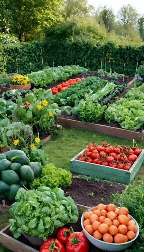 Dream Vegtable Gardens, Fruit And Veggie Garden Aesthetic, Home Vegetable Garden Design Backyards, Garden Aesthetic Vegetable, Backyard Fruit Garden, Backyard Garden Aesthetic, Veggie Garden Aesthetic, Big Vegetable Garden, Vegetable Garden Aesthetic