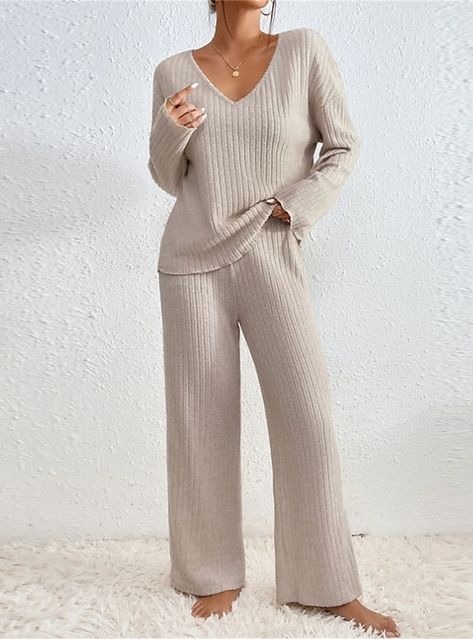 Knit Lounge Set, Womens Loungewear Sets, Drop Shoulder Top, Top And Pants Set, Henley Top, Cotton Set, Loungewear Sets, Pantalon Large, Looks Chic