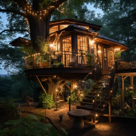 Aesthetic Cabin Exterior, Cozy Treehouse Aesthetic, Forest Tree House Aesthetic, Tree House House, Woodland House Interior, Cute Cottage House Exterior, Aesthetic Treehouse, Tree House Aesthetic, Treehouse Aesthetic