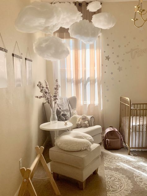 Neutral Cloud Moon Stars Nursery Cloud Decor Bedroom, Cloud Lights Nursery, Dreamland Nursery Theme, Blush And Cream Nursery, Clouds For Nursery, Star And Cloud Themed Nursery, Nursery With Clouds, Nursery Ideas Cloud Theme, Cloud Baby Room Ideas