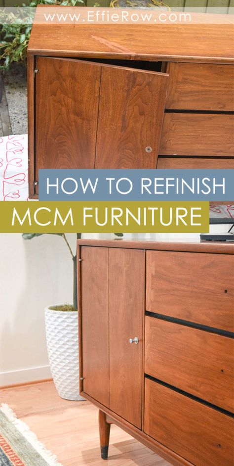 How to restore mid century modern furniture and achieve a perfect finish using steel wool. | #DIY #Minwax #MCM www.effierow.com Mid Century Sideboard Makeover, Mid Century Modern China Cabinet Makeover, Mid Century Modern Bedroom Dresser, 80s Furniture Makeover, Mcm Bedroom Ideas, Upcycling Techniques, Diy Mid Century Modern Furniture, Credenza Makeover, Modern Furniture Makeover