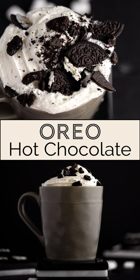 This oreo hot chocolate is a dunkin donuts copycat that is even better than the original. A thick, creamy, rich hot chocolate that tastes like pure oreos. Made with only 3 ingredients in less than 10 minutes. A must-have winter drink for any cookies and cream lovers. Oreo Hot Chocolate, Rich Hot Chocolate, Hot Drinks Recipes, Winter Drink, Hot Chocolate Drinks, Hot Chocolate Recipe, Oreo Recipes, Sweet Drinks, Hot Chocolate Recipes