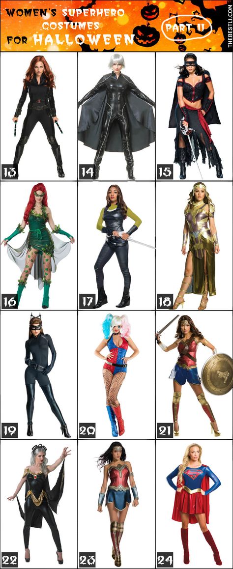 Womens Superhero & Villain Costume Ideas for Halloween 2017 Part II Superhero And Villain Costume, Super Hero Villian Costumes Female, Dc Universe Costumes, Superhero Villian Costumes, Superhero And Villian Costumes Diy, Super Villains Costumes, Avengers Women Costumes, Dc Comic Halloween Costumes, Hero And Villian Costume