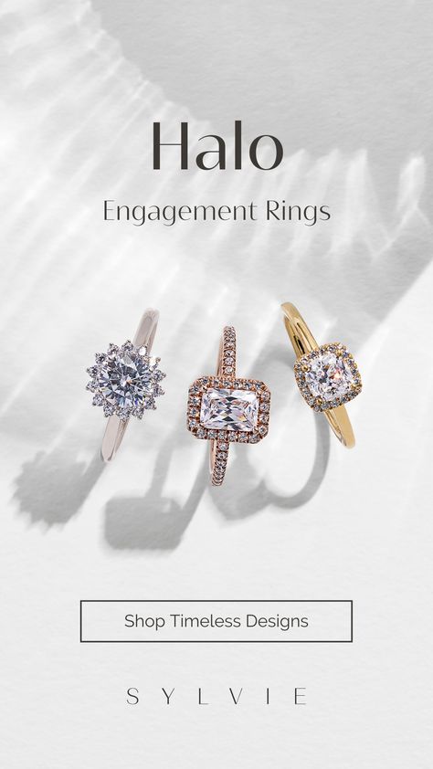 These gorgeous engagement rings are so special because they’re all wrapped in a halo of brilliant diamonds. Halo Engagement Rings are some of the favorites of all time. The halo adds a delicate detail creating a dazzling look you won’t be able to resist! Whether you prefer a round, oval, cushion, pear, radiant, emerald, or princess cut, set the stage with an extra simple or double layer of sparkling diamonds surrounding your center stone and shine forever. SYLVIE | Halo Engagement Ring Jewelry Instagram Story Design, Bold Shoot, Unique Halo Ring, Gorgeous Engagement Rings, Jewelry Guide, Jewellery Advertising, Mail Template, Jewelry Product Shots, Art Jewelry Design