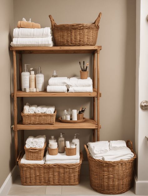 Washcloth Basket Bathroom, How To Store Bathroom Products, Bathroom Storage Aesthetic, Bathroom Towel Display, Toilet Storage Ideas, Bedroom Decor Fall, Bathroom Towel Storage Ideas, Towel Storage Ideas, Academia Home Decor