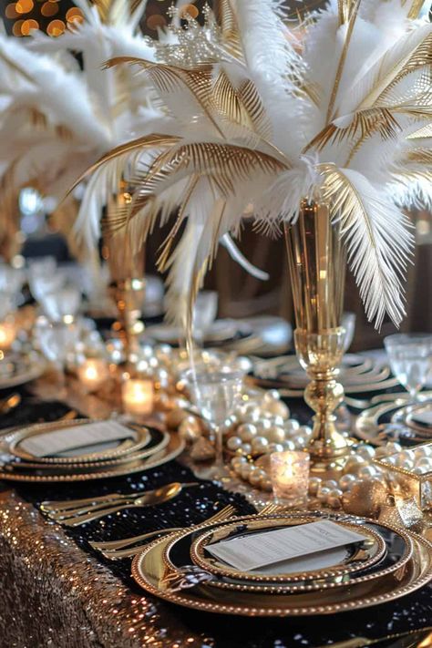 12 Timeless Black And White Table Settings For Weddings • New Year’s Eve Centerpiece, Black And Gold Dinner Party, Black And White Tablescapes, Black And White Table Settings, Table Settings For Weddings, Black And White Table Setting, Gold And White Art, Black And Gold Centerpieces, Bday Brunch