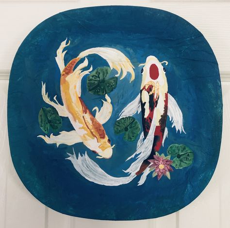 Koi Fish Ceramic Bowl, Mirror Painting Ideas Art, Painted Trays Ideas, Koi Fish Bowl, Mirror Painting Ideas, Crinkled Paper, Ceramic Projects, Paint Ceramic, Diy Pottery Painting