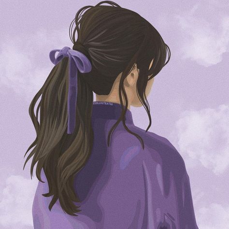 Vic | Digital Illustrations 🦋 (@vicillustrates) posted on Instagram: “💜 📸: unknown . . . . #hairbows #hairstyleoftheday #ponytails #cutehair #purpleaesthetic #lilacaesthetic #lavenderaesthetic #hairgoal…” • Feb 21, 2021 at 4:32pm UTC Purple Person, Low Ponytail Drawing, Ponytail Illustration, Long Brown Hair Ponytail Aesthetic, Girl With Ponytail Drawing, Character Art Purple Hair, Purple Hair Illustration, Ponytail Drawing, Lavender Outfit