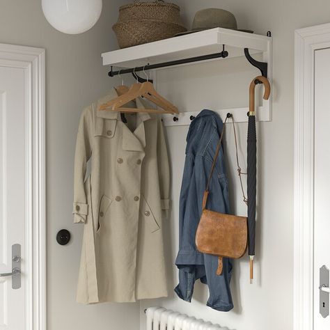 No Hall Closet Solutions, Behind Front Door Coat Rack, Small Coat Storage, Mini Mudroom Entryway Closet, Bedroom Coat Hanger, Coat Corner Ideas, Coat Hooks Above Radiator, Downstairs Toilet Coat Storage, Narrow Entryway Coat Storage