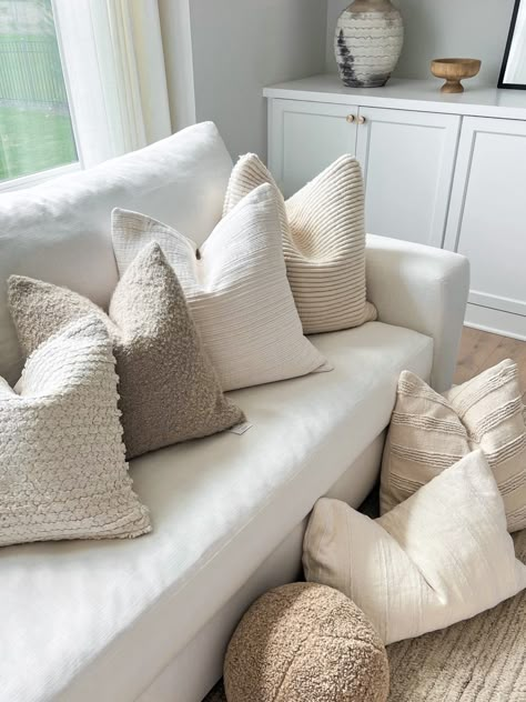 White Couch Neutral Pillows, All White Pillows On Couch, White Couch With Neutral Pillows, Cream Textured Throw Pillows, Decorative Pillows Couch Sectional, White Couch Throw Pillows Color Schemes, Neutral Bedding Pillows, Decorate Beige Couch, Pillows For Neutral Living Room