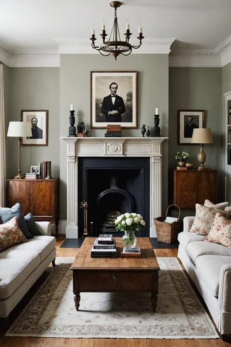 Furniture On Either Side Of Fireplace, Portrait Above Fireplace, Chelsea House Interior, Modern Edwardian Living Room, Victorian Homes Living Room, Cottage Modern Living Room, Painted Built Ins Fireplace, Vintage Modern Interior Design, Victorian Farmhouse Living Room